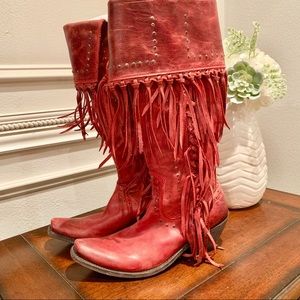 Liberty Black Tall Fringe Zipper Boot- Red